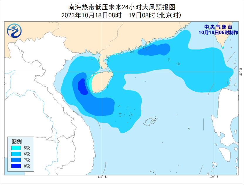 北部湾海面,18日上午,东北风7~8级,阵风9~10级.