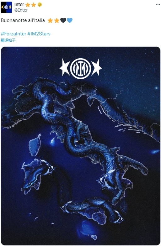 国米社媒晒图,蛇精灵盘踞意大利:晚安8282!