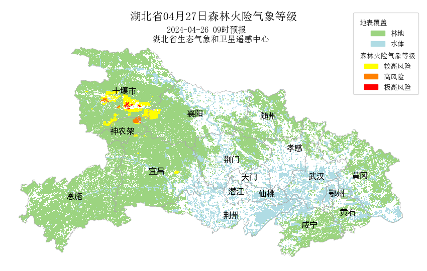 森林火险气象等级预报明天白天,湖北全省以多云天气为主,气温较高
