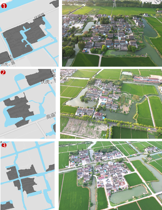 各个聚落呈现出不同的"团状"特点,有村包水,有水包村呈岛状,有沿十字