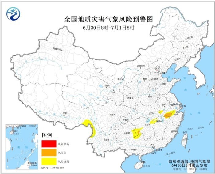 月30日08时至7月1日08时,浙江西部,安徽南部和西部,江西北部,湖北东部