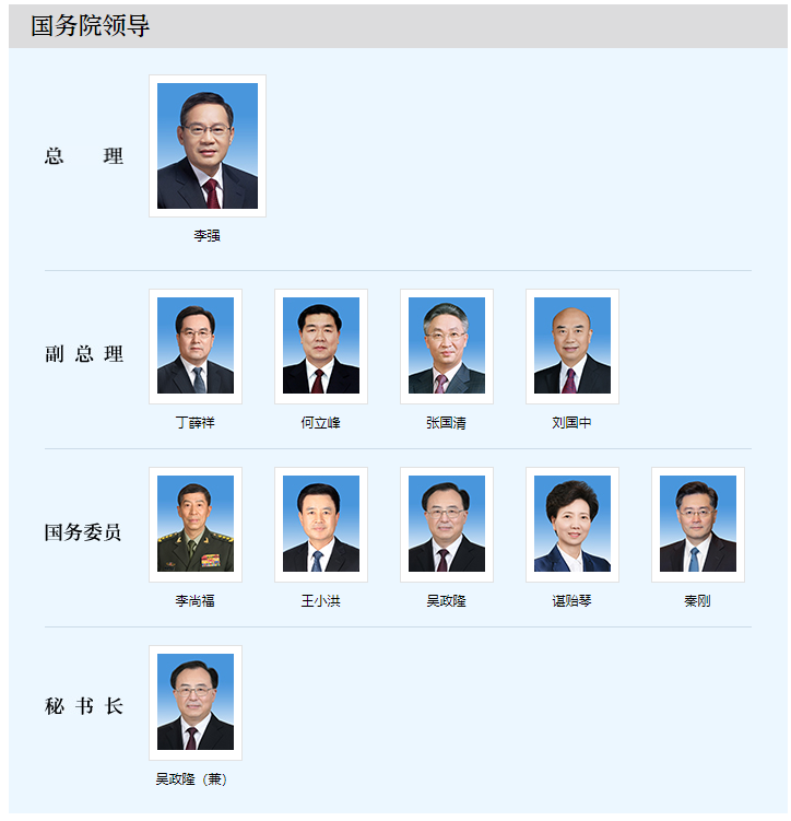 新一届国务院领导(图源:国务院网站)此前一天,李强出席中外记者会被问