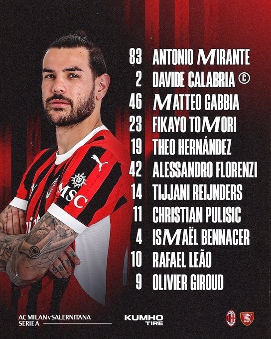 意甲收官|米兰vs萨勒尼塔纳首发:吉鲁,莱奥,普利西奇出战