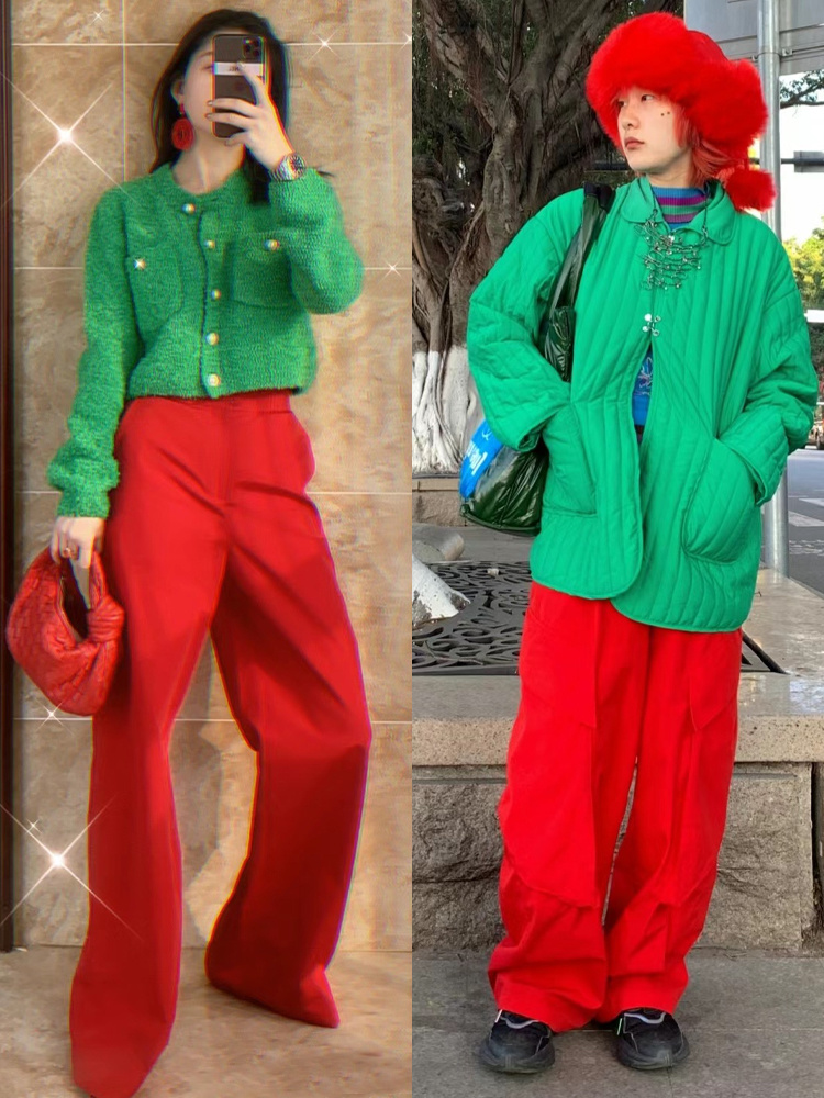 但配饰的搭配,尽量选择与衣服相同的红或绿,或者选择中性色单品,这些