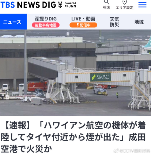 日本成田机场一架飞机轮胎起火