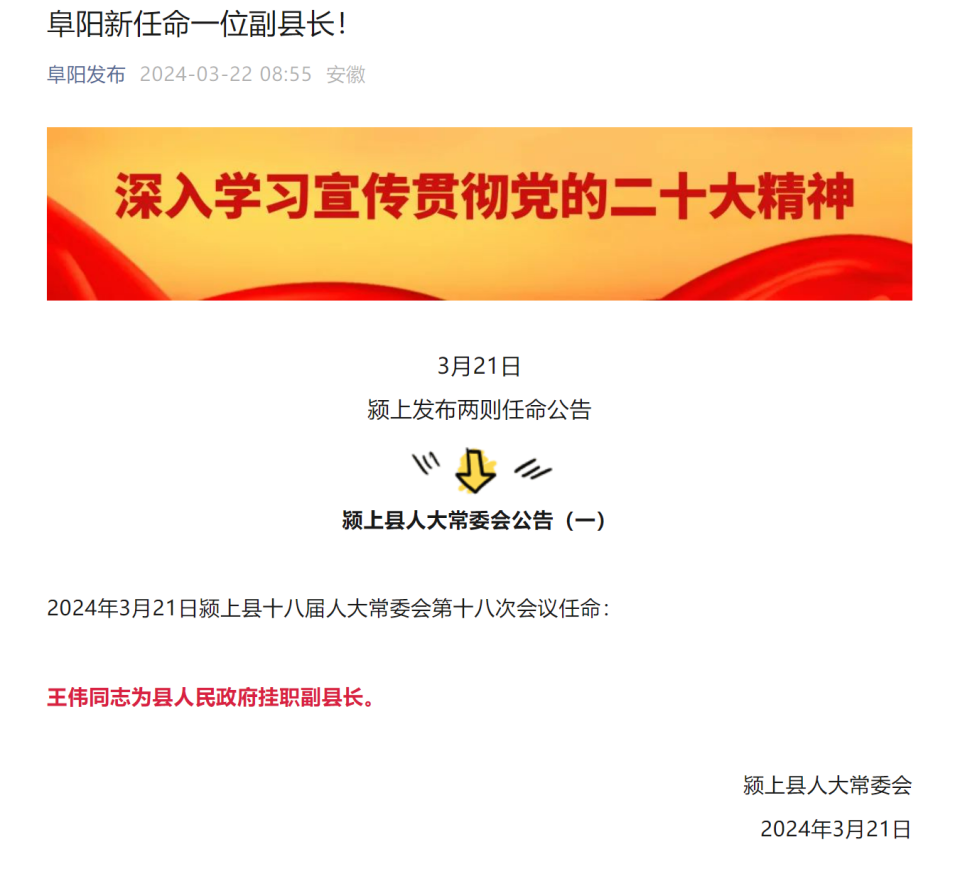 王伟同志任安徽省颍上县人民政府挂职副县长
