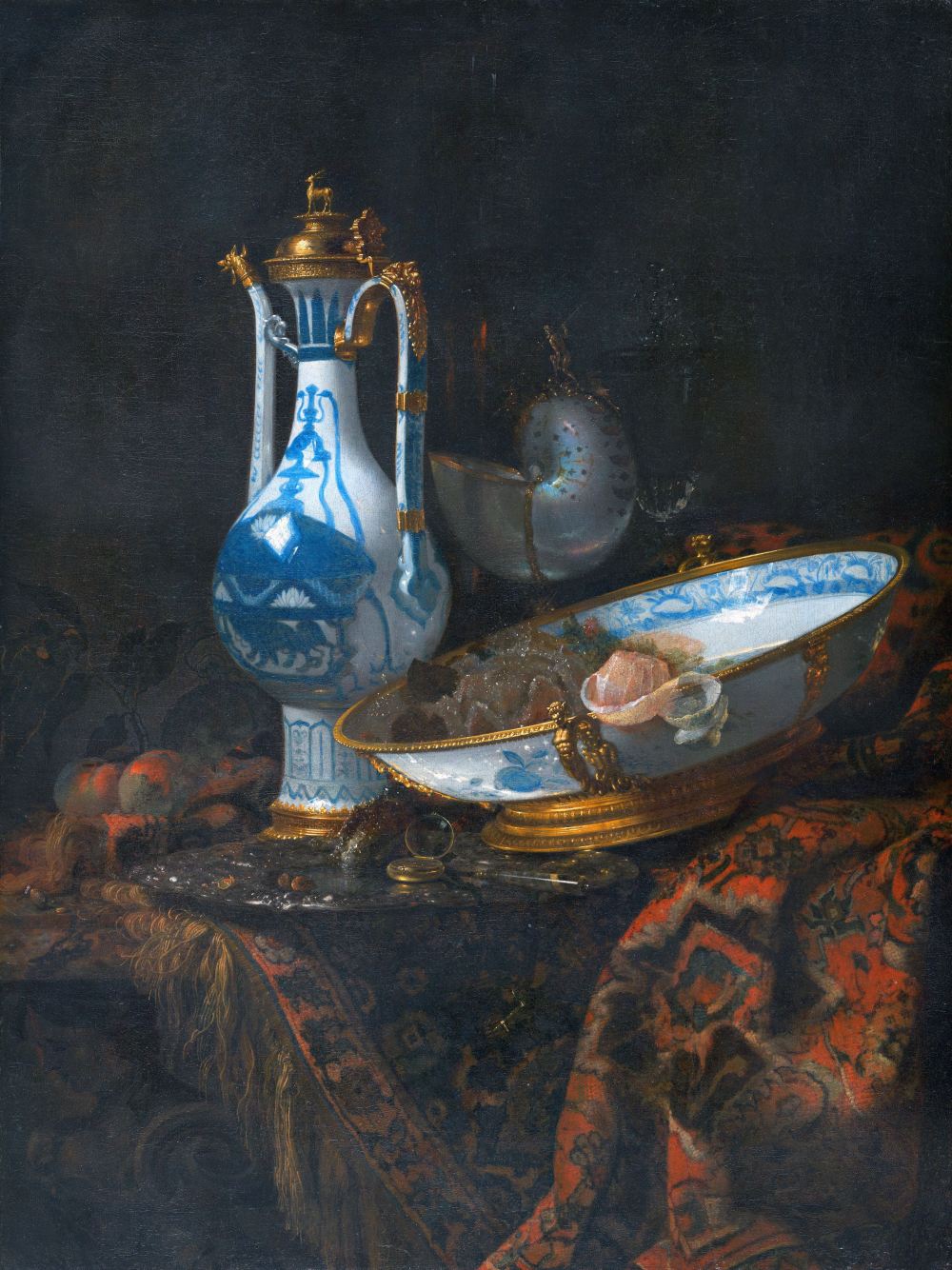 图十一 威廉·卡尔夫,《有水罐,盆,水果,鹦鹉螺杯及其他物品的静物》
