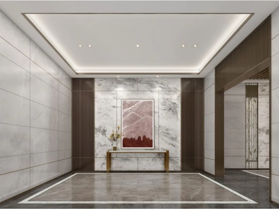 背景墙为天然石材搭配艺术装饰画,顶部为石膏板吊顶搭配香槟色金属