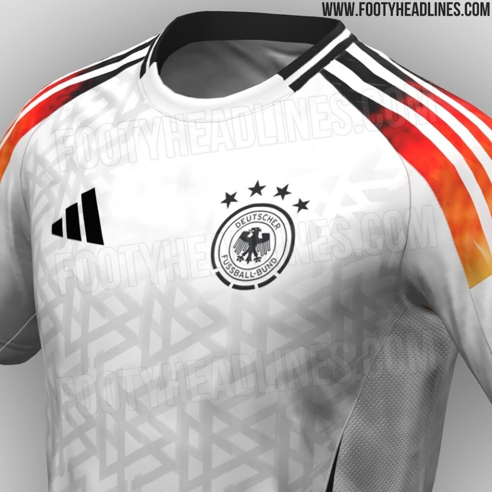 德国队欧洲杯主场球衣曝光白色底色搭配德国国旗三色条纹
