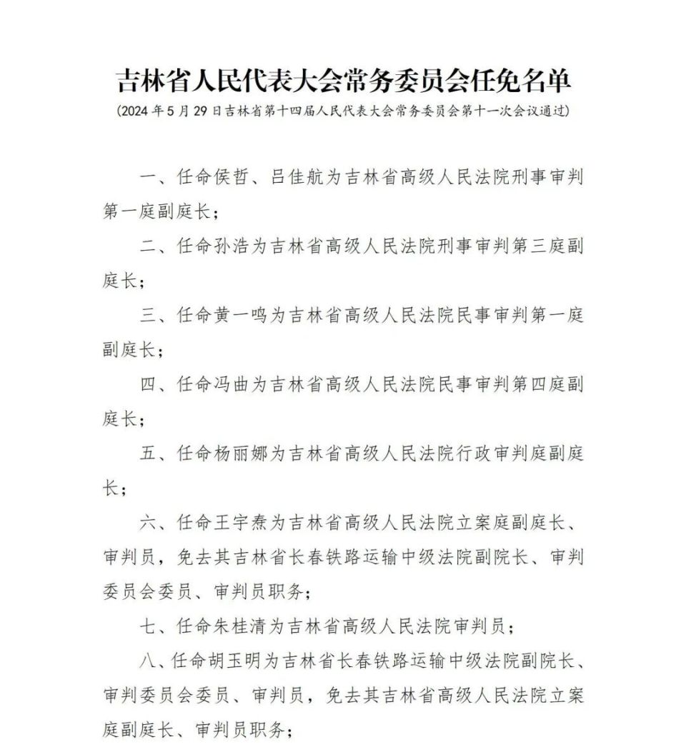 吉林省人大常委会通过的任免名单