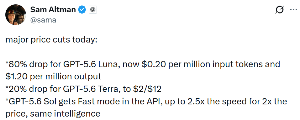 OpenAI一夜大降价！GPT-5.6 Luna暴降80%_腾讯新闻