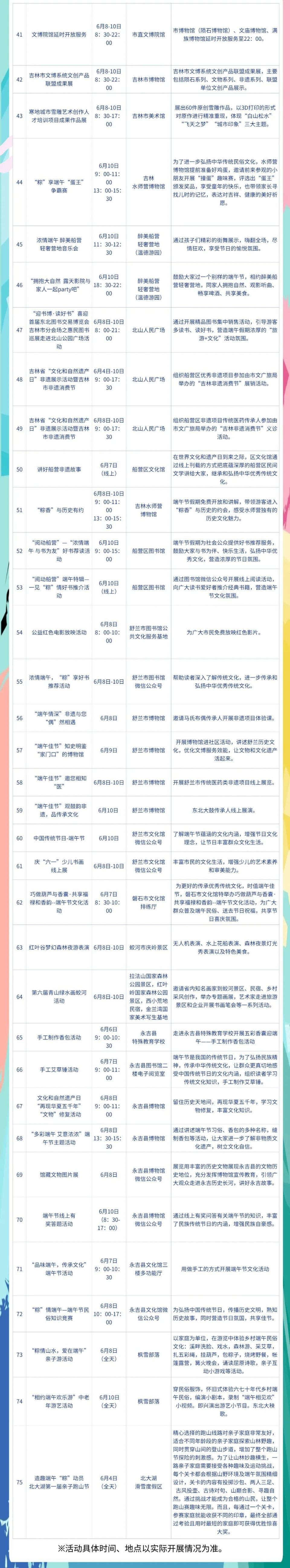 吉林市端午节期间活动一览表