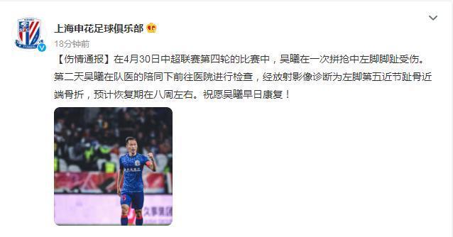 上海申花：吴曦被确诊为左脚第五近节趾骨近端骨折，估计恢复期在八周左右