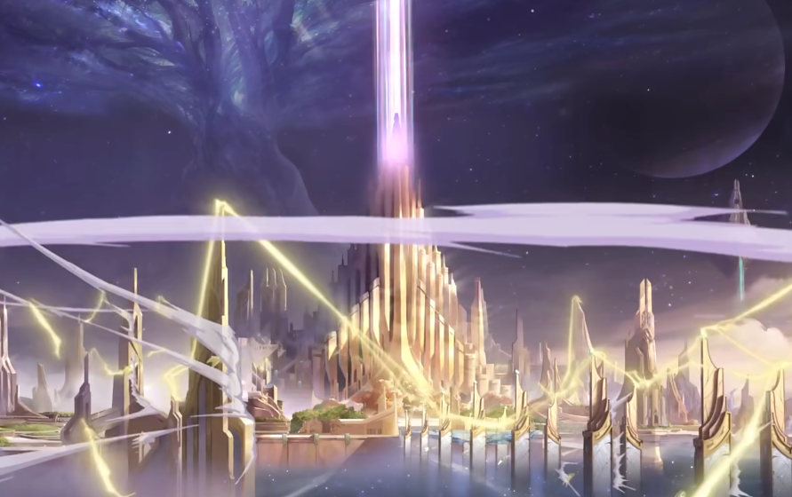 这处的转场特效,不能说跟漫威电影的彩虹桥传送完全相似,简直一模一样