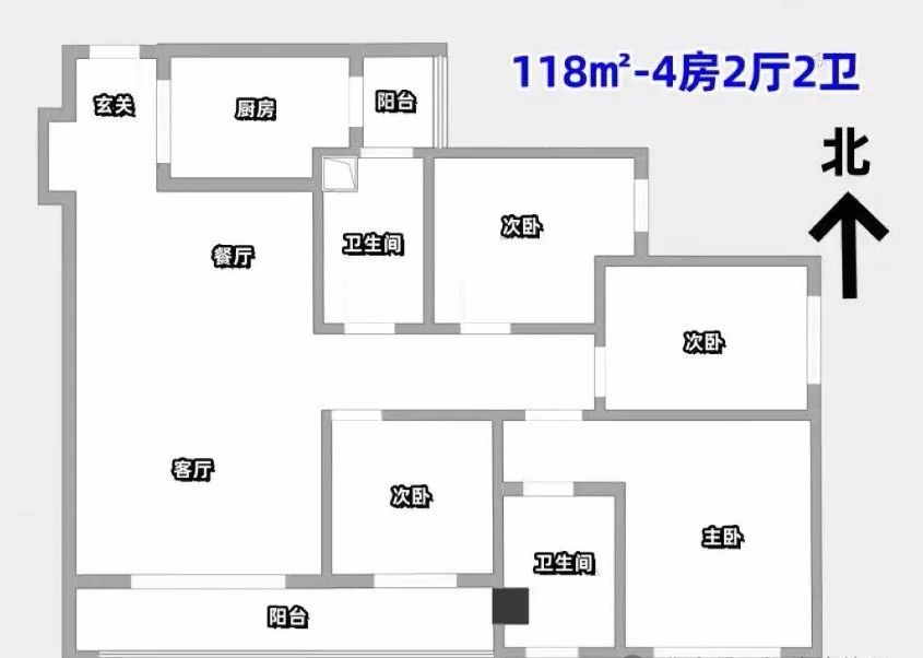 户型-118㎡4房2厅2卫设计的是竖厅格局,进门入户玄
