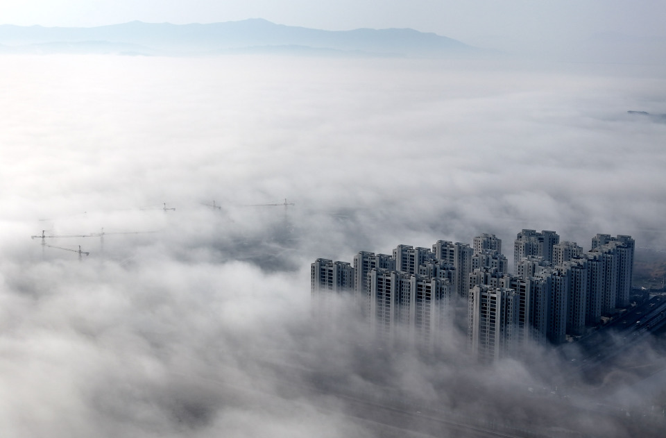 乐清湾出现平流雾景观