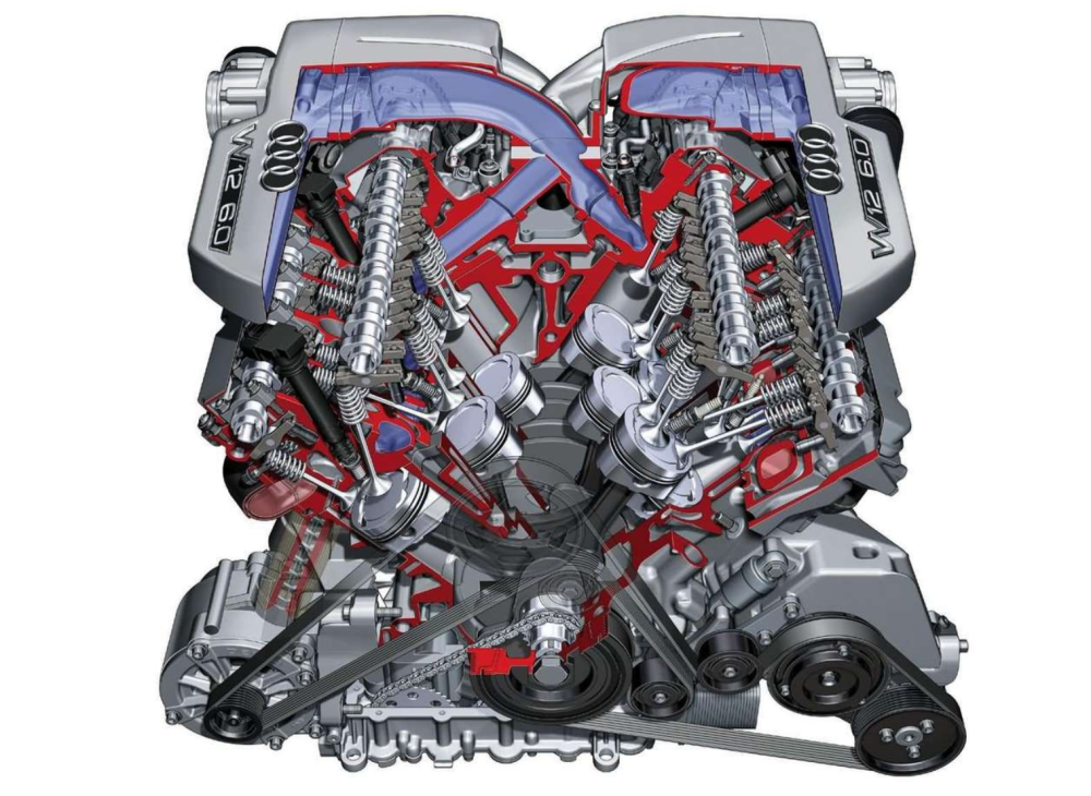 和普通v12发动机比起来,大众集团的w12发动机虽然体积更小,但结构却