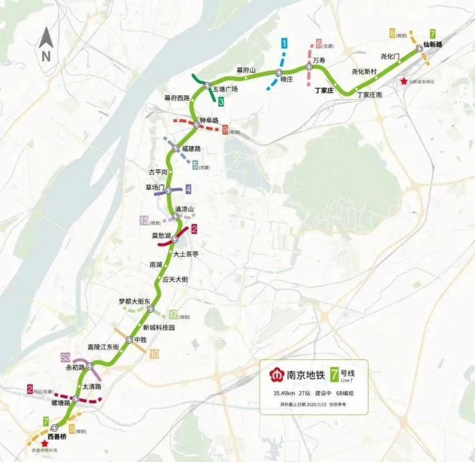 地铁7号线起于西善桥站,止于仙新路站,线路全长355公里,设车站27座