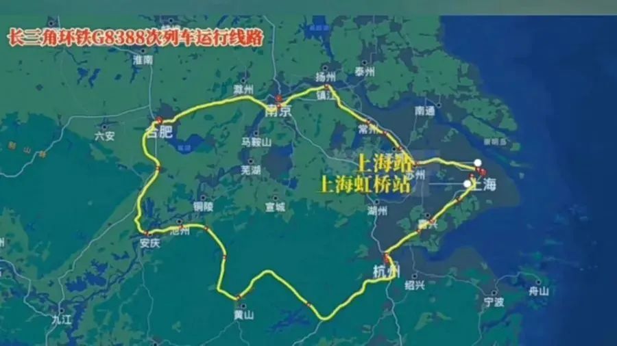 新增一条上海站至上海虹桥站,途经沪苏浙皖的超级环线高铁g8388次列车