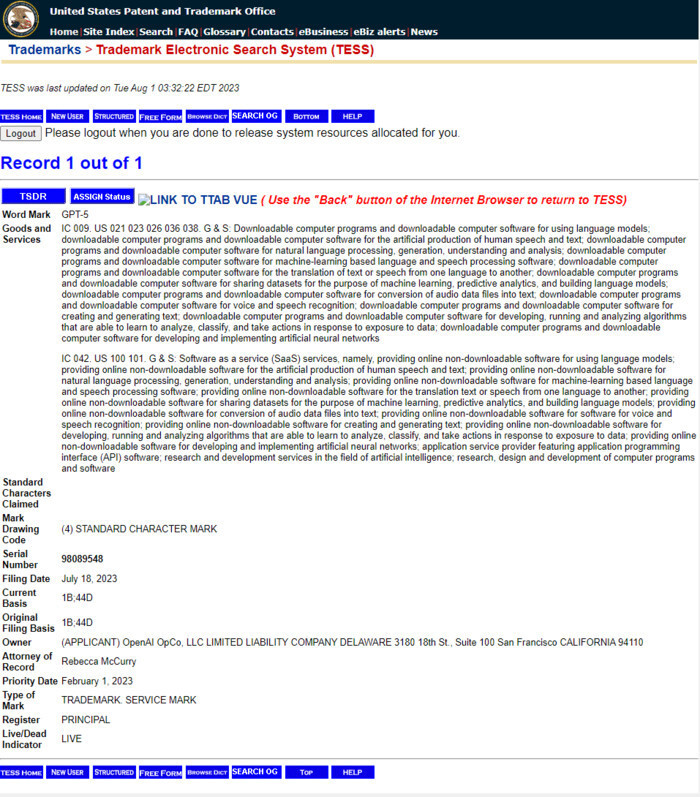 美专利局显示OpenAI已提交GPT-5商标申请插图2