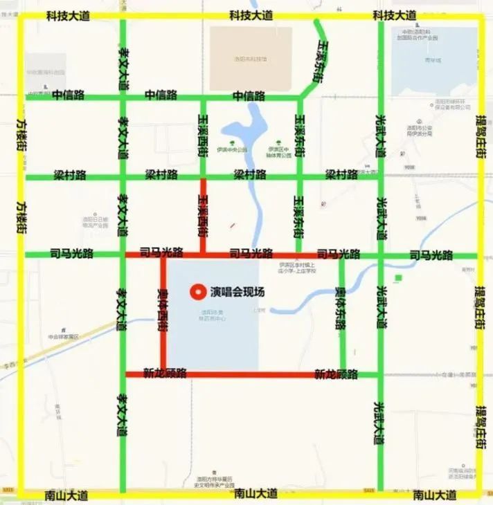 红色区域为封控道路,8:30开始管控,禁止一切车辆进入;绿色区域为管控