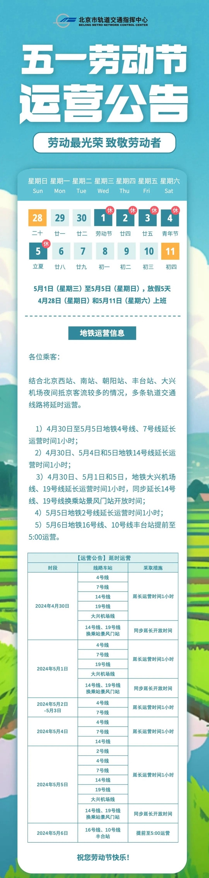 "五一"假期北京这些地铁调整运营时间
