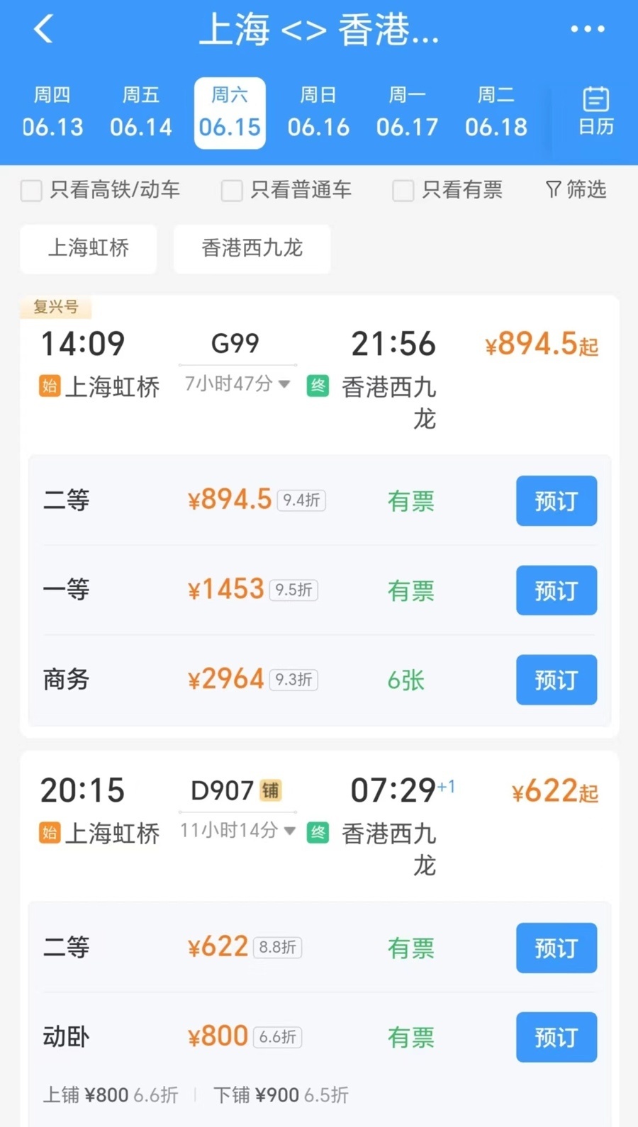 相比高铁列车二等座,新的动卧列车二等座价格便宜了270多元,并且沪港