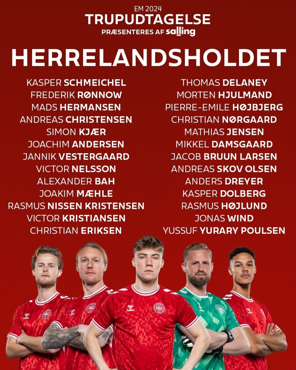 丹麦欧洲杯26人名单:埃里克森,克亚尔,霍伊伦,舒梅切尔在列