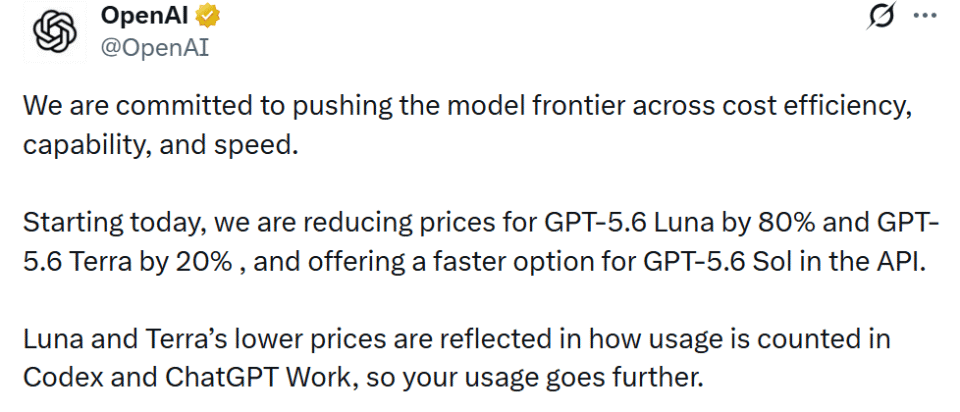 OpenAI一夜大降价！GPT-5.6 Luna暴降80%_腾讯新闻
