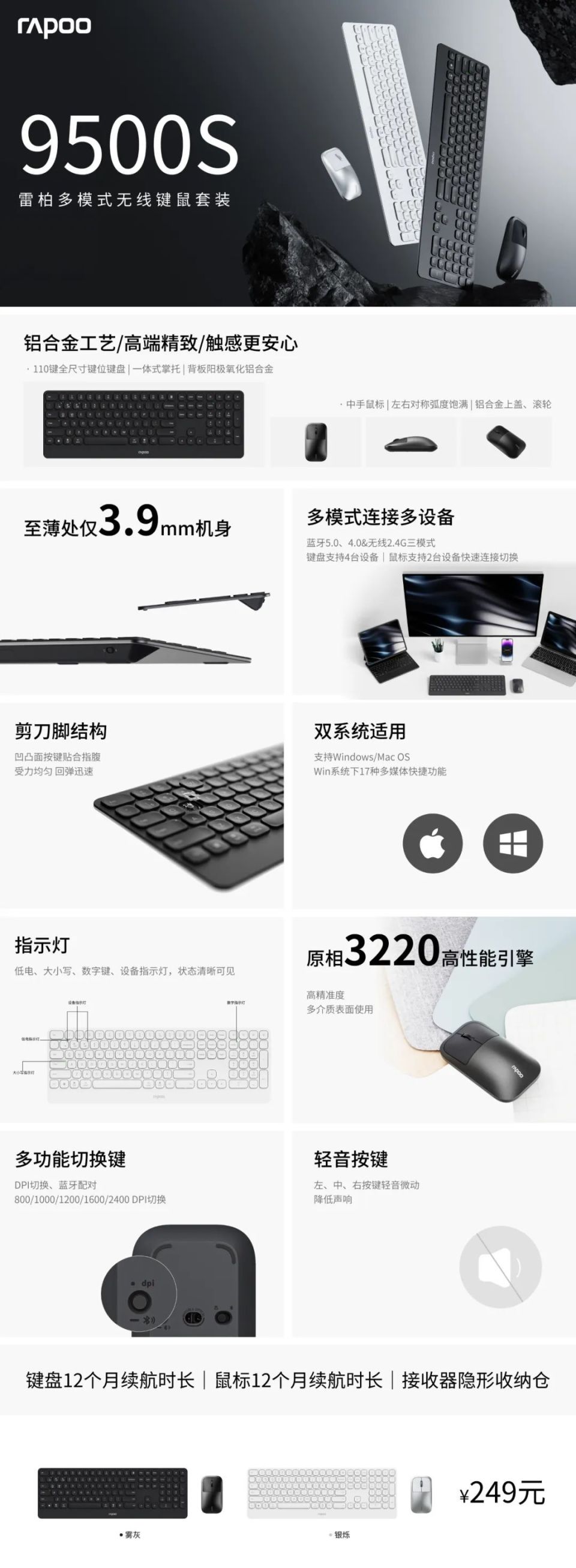 雷柏刀锋系列多模无线键鼠套装 9500s 发布,249 元