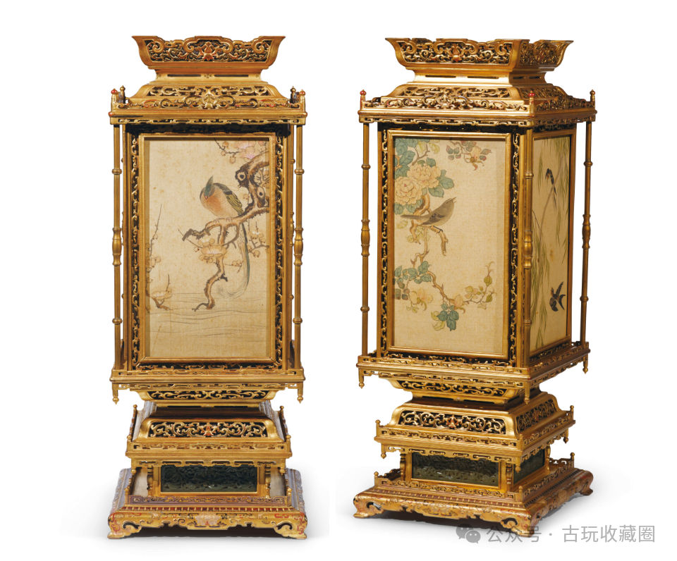 清乾隆御制紫檀胎洋漆嵌玉绢画四季花鸟图台灯一对