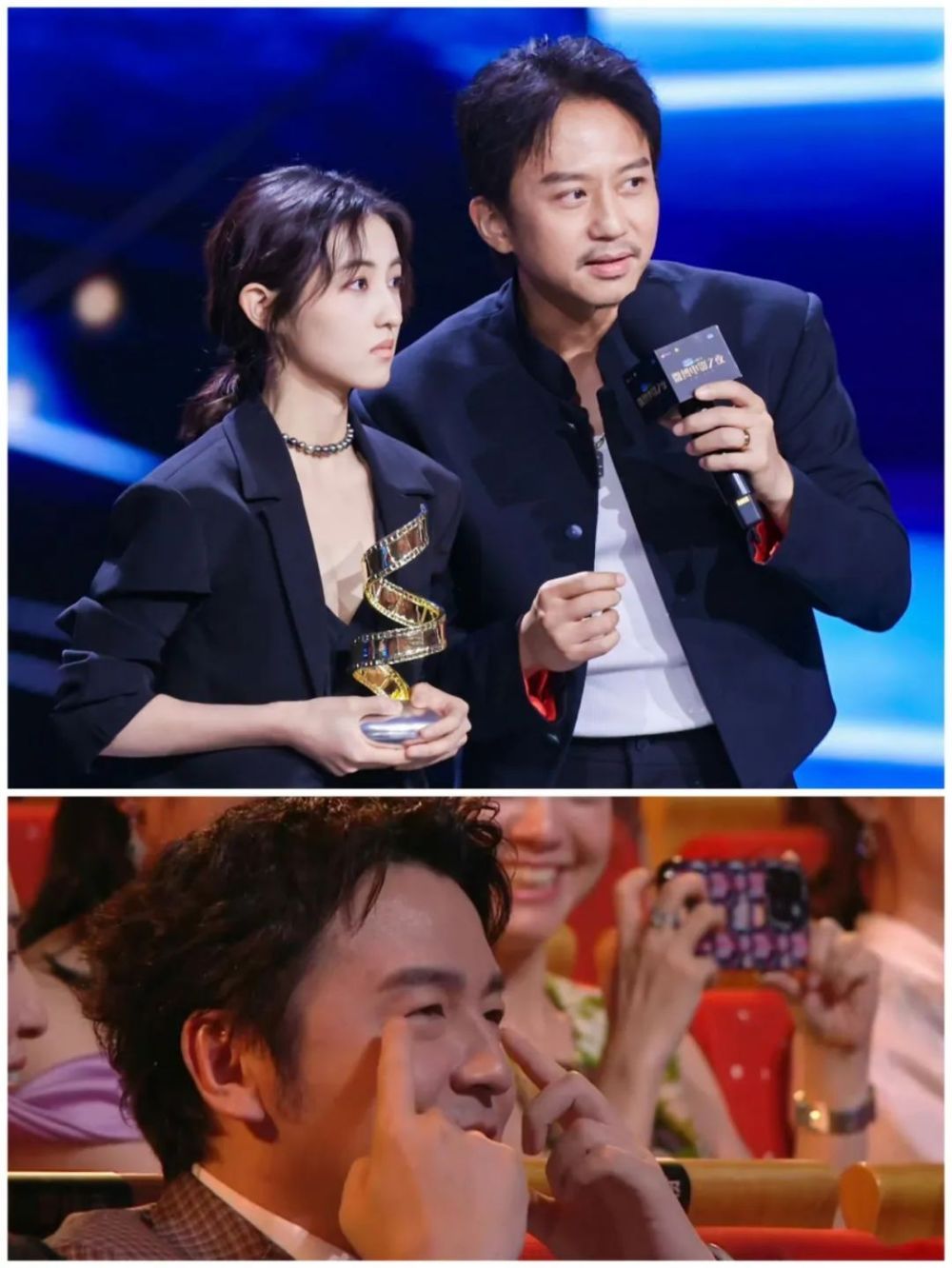 2023微博电影之夜名场面,邓超对王一博耳语,雷佳音扮鬼脸逗张子枫