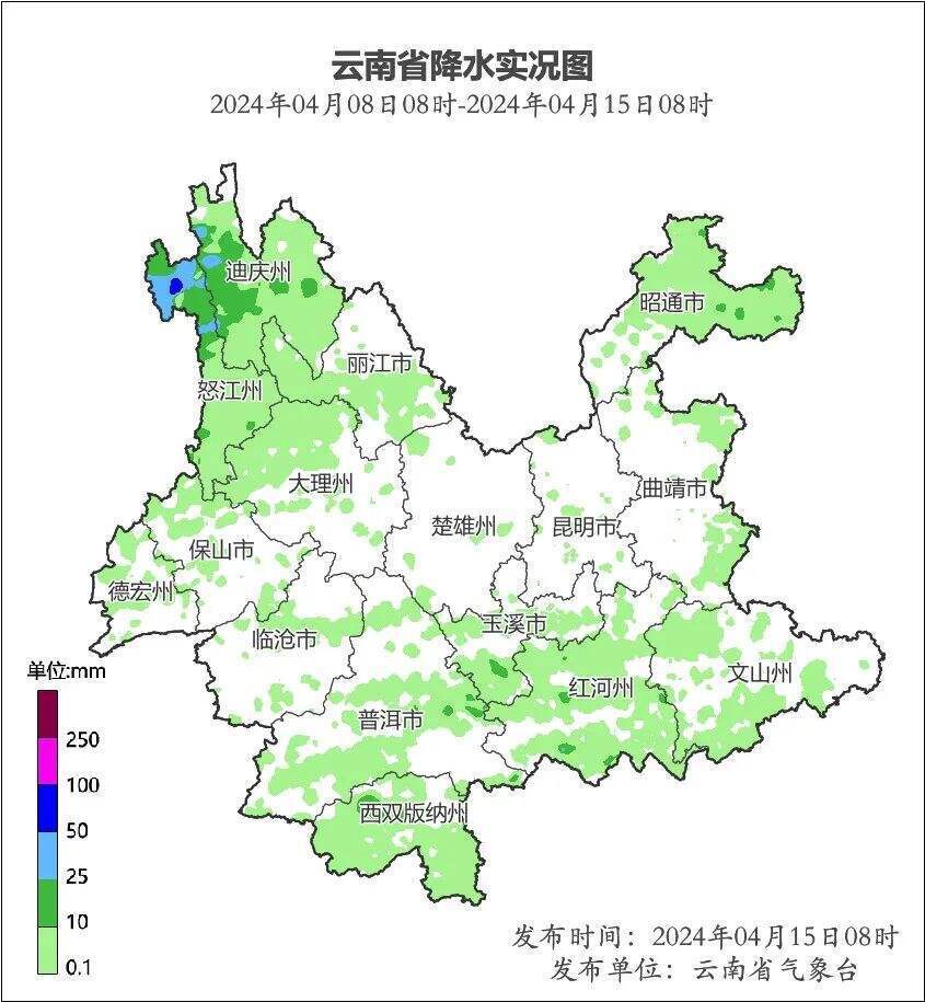 上周的云南,降水主要出现在怒江州,迪庆州西部,普洱市南部,西双版纳州