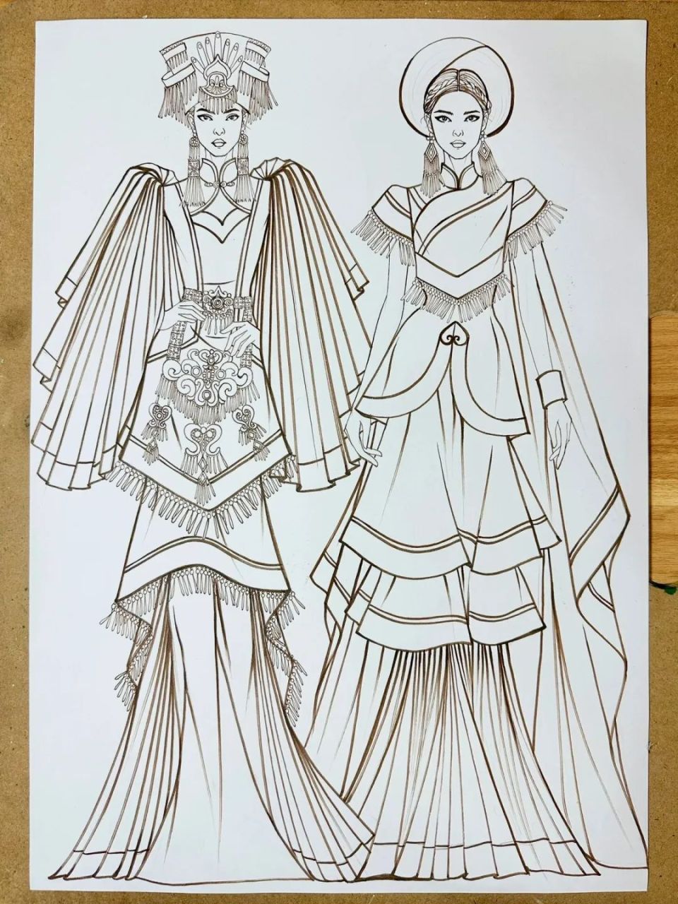 手绘效果图 | 民族/国风系列时装效果图,款式图