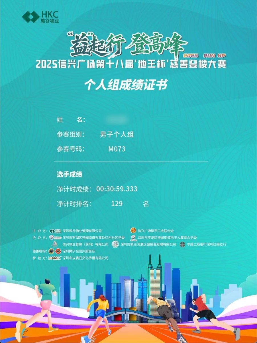 地王大厦登楼比赛成绩证书