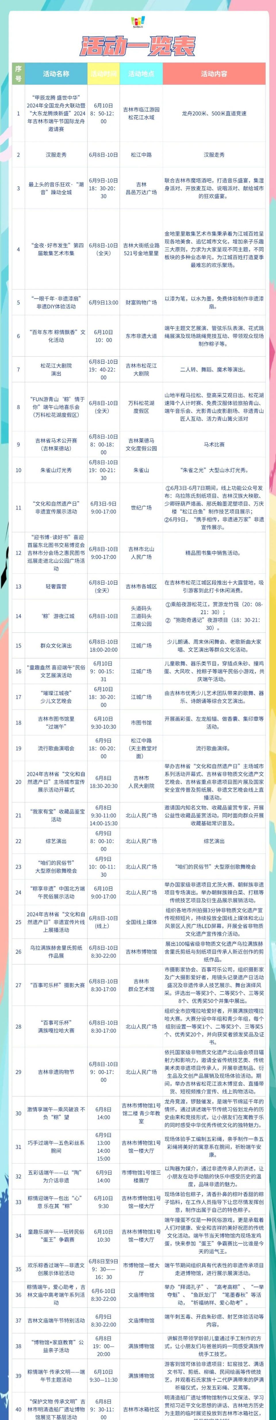 吉林市端午节期间活动一览表