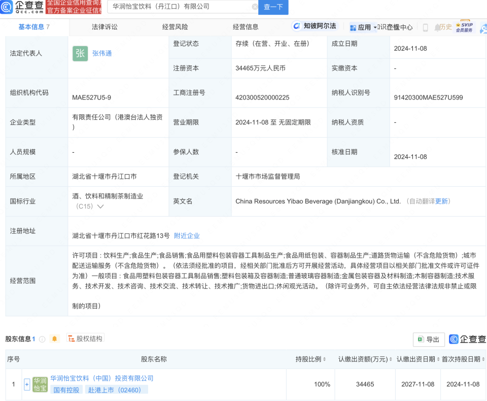 华润怡宝饮料丹江口公司成立,注册资本约3.4亿