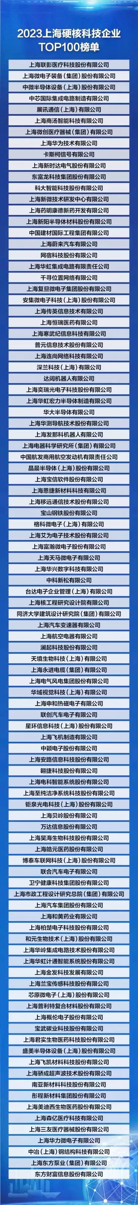 上海硬核科技企业TOP100榜