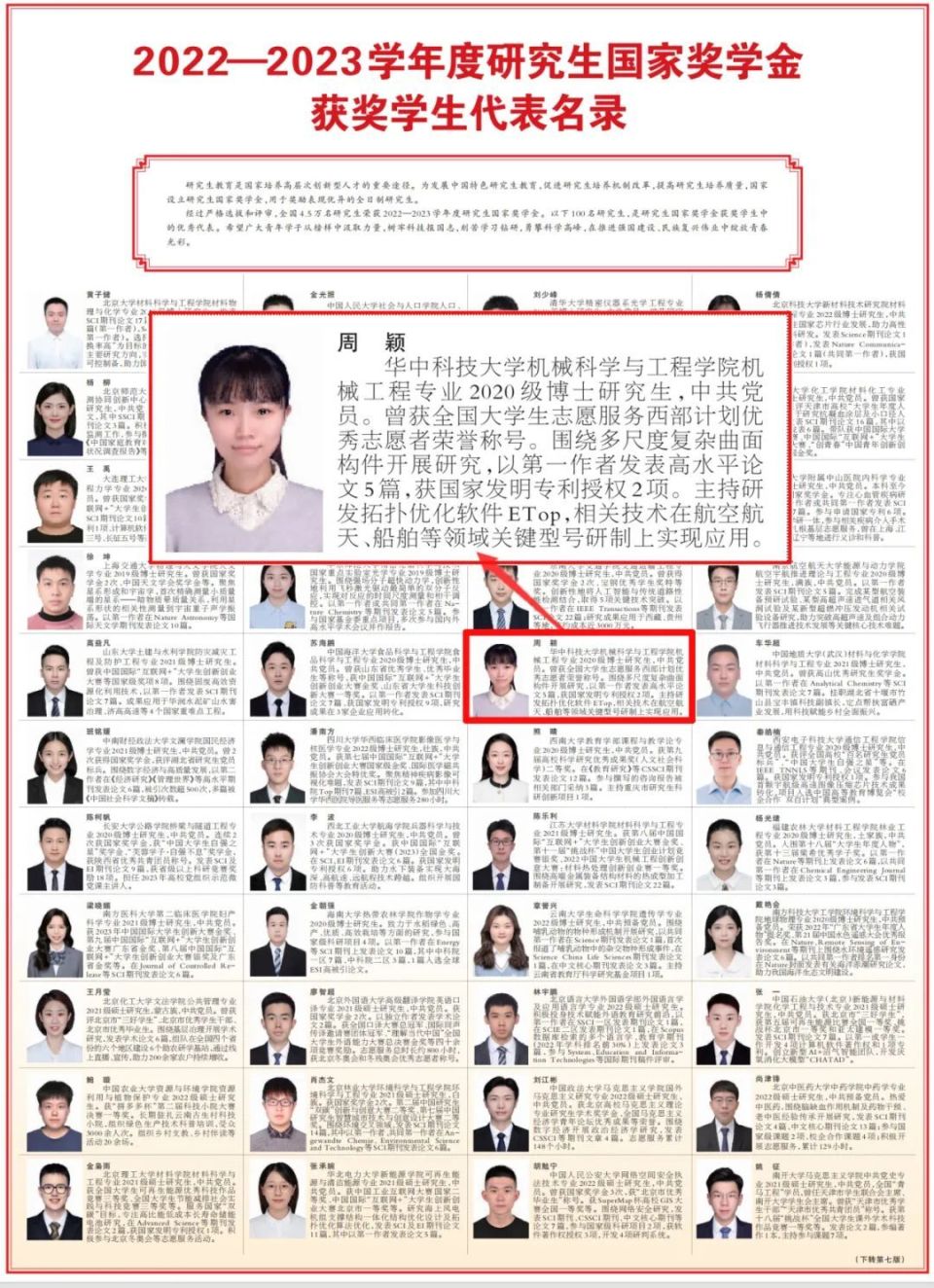 华科大周颖,入围全国"百人榜"!