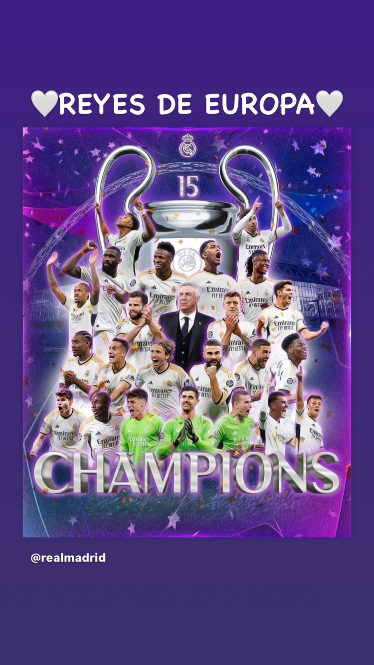 皇马名宿马塞洛的儿子恩佐-阿尔维斯在社交媒体上晒出夺冠海报,并配文