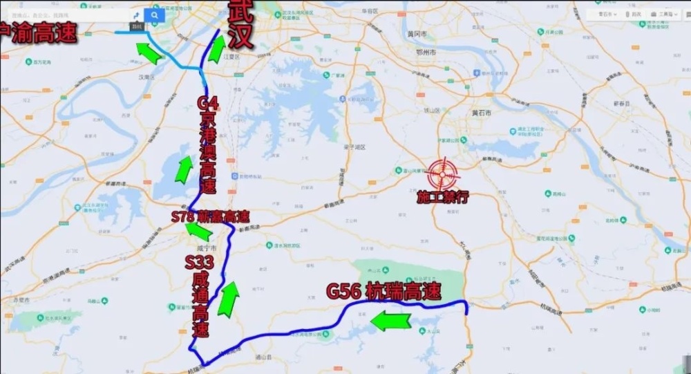 在星潭枢纽处,转g56 杭瑞高速,绕行 s33 咸通高速→s78 蕲嘉高速→g4