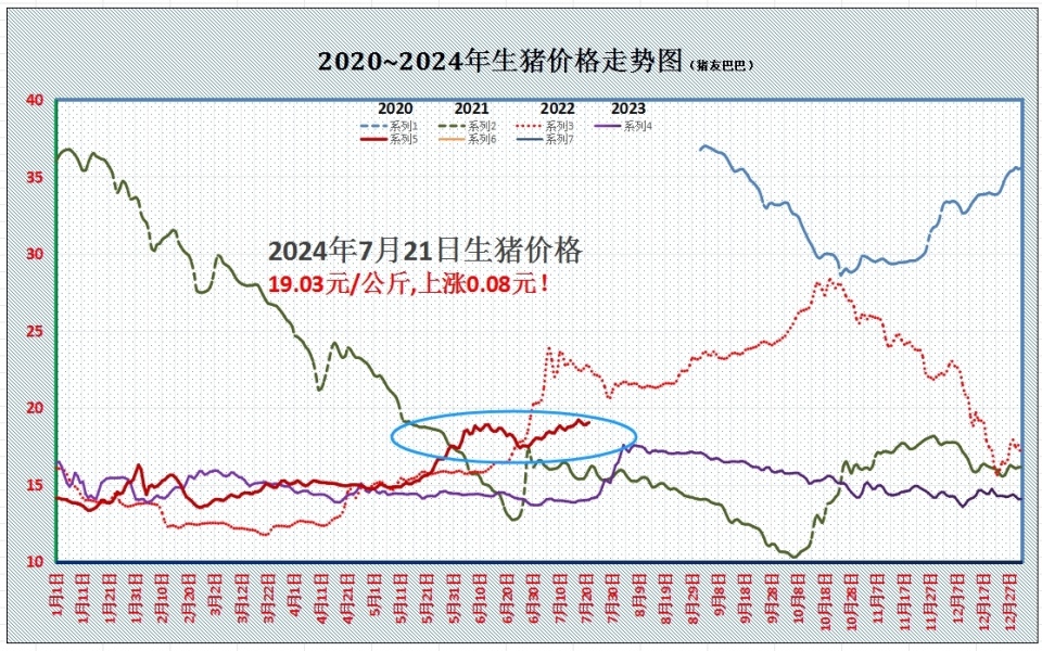 据数据分析,7月21日,全国外三元生猪价格出栏均价在19.