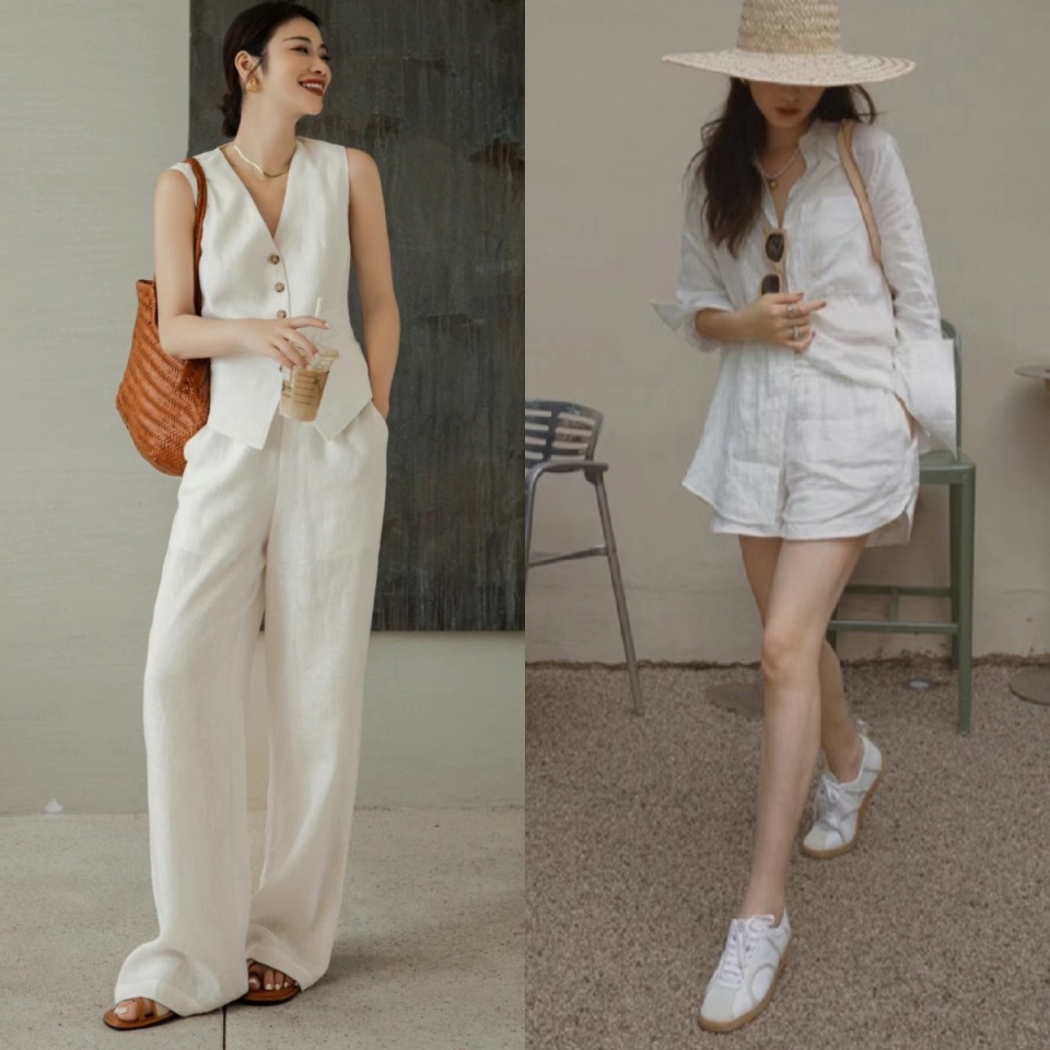 白色的帆布鞋,以其简约的设计和清新的气质,与白色亚麻服装搭配在一起