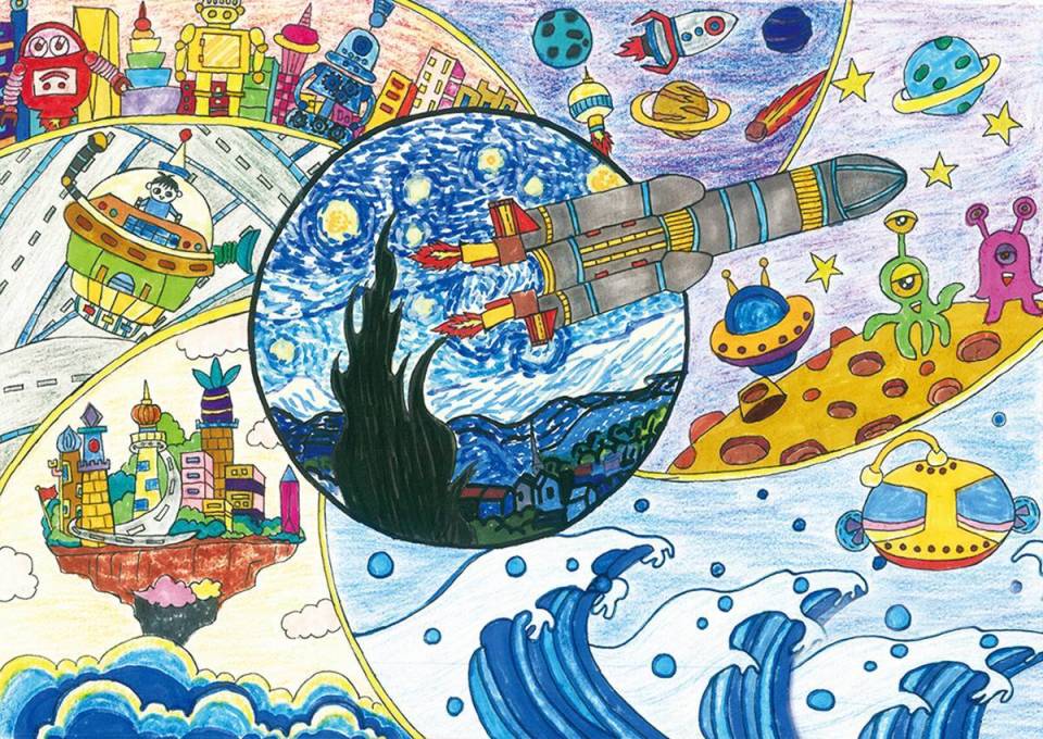 年级学生叶歆宸创作的绘画作品《一起向未来 共筑新家园》在太空亮相