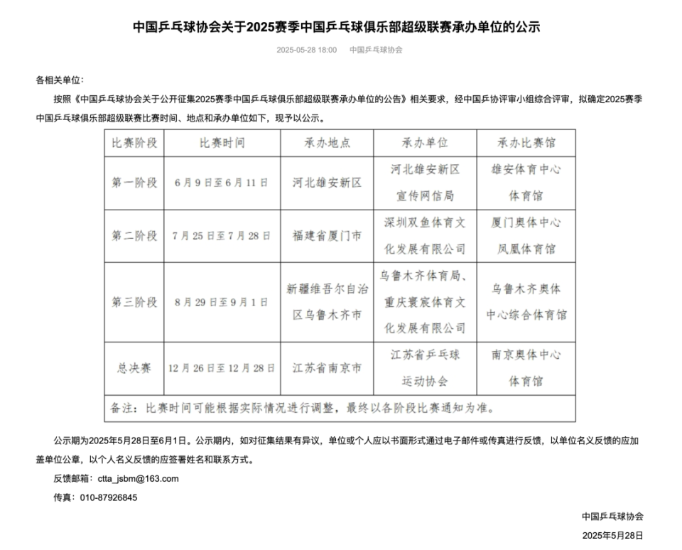 公示啦！2025乒超联赛首站落地雄安
