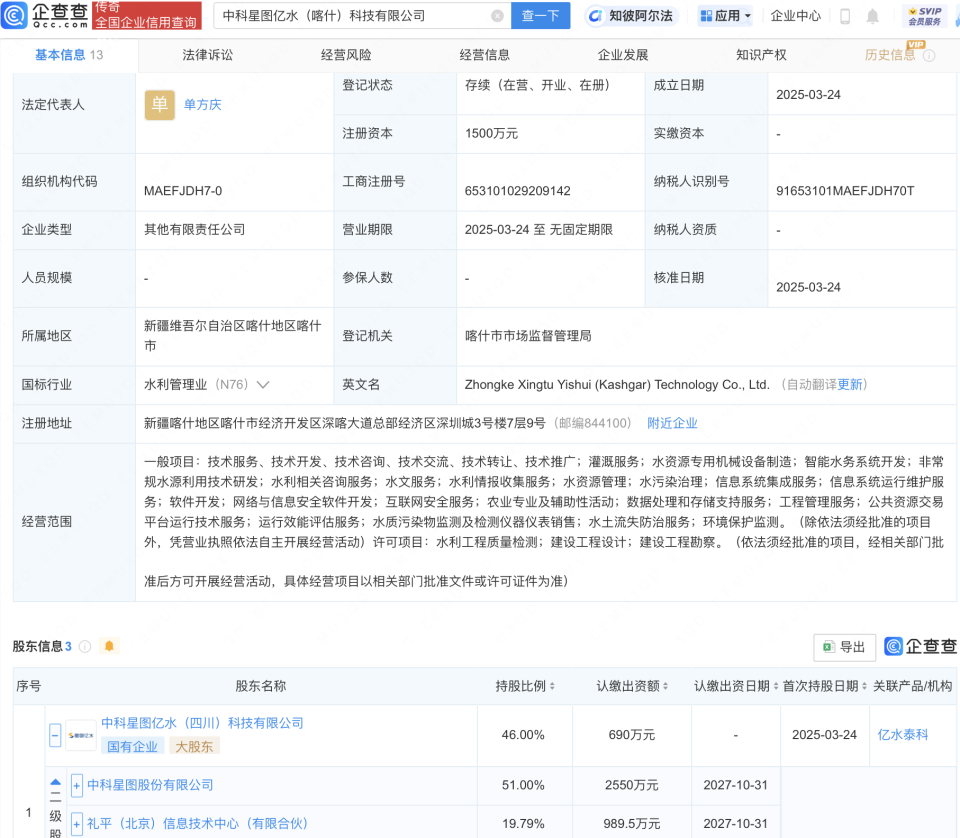 中科星图等在喀什投资成立科技新公司_