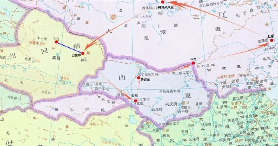 耶律阿保机西征路线图1419年,帖木儿帝国遣使明朝,随行画家盖耶速丁