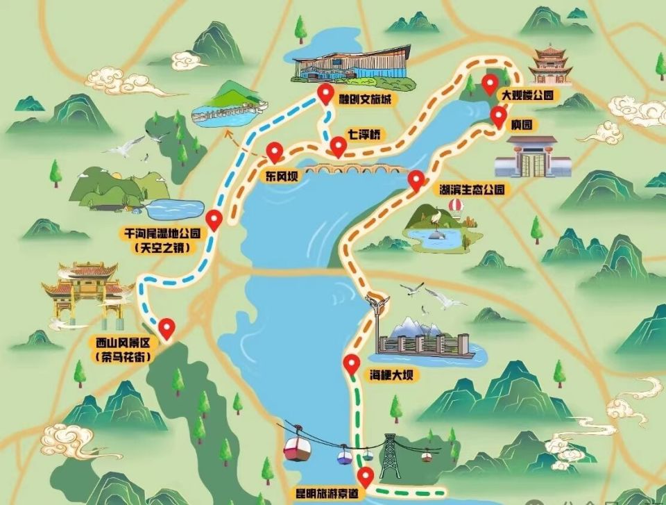 通过昆明滇池黄金岸线旅游大巴,以点连线带面,打通滇池绿道,海埂大坝