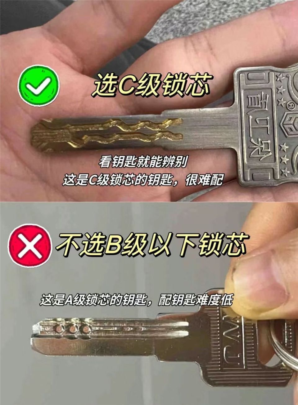 一般来说,c级锁芯的钥匙都较为复杂,你去配钥匙的小摊都要费一番麻烦