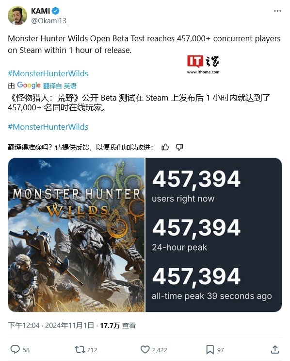 全球狩猎狂潮：超百万玩家同测卡普空新作《怪物猎人：荒野》游戏